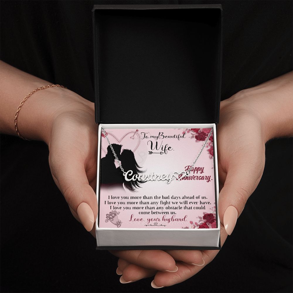 TO MY BEAUTIFUL WIFE HAPPY ANNIVERSARY, CUSTOM NAME WITH HEART NECKLACE, GIFT FOR HER, NECKLACE PENDANT WITH MESSAGE CARD, FOR WIFE FROM HUSBAND