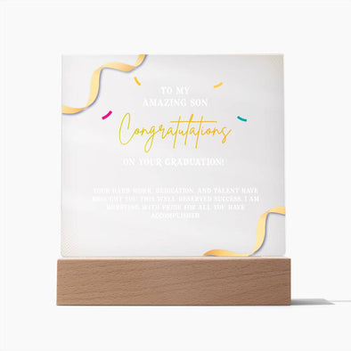 CONGRATULATION ON YOUR GRADUATION, ACRYLIC PLAQUE WITH WOODEN LED BASE, GRADUATION GIFT FOR SON, GRADUATION DESK DECOR, GIFT FOR GRADUATION