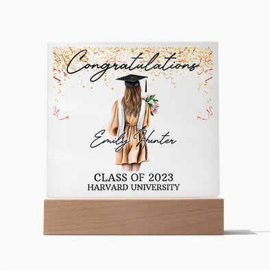 PERSONALIZED ACRYLIC PLAQUE FOR CLASS OF 2023 GRADUATE, PERSONALIZED GIFT FOR HER, ACRYLIC PLAQUE WITH WOODEN LED BASE, GRADUATION DESK DECOR, HARVARD UNIVERSITY COLLEGE GIFT FOR FRIEND