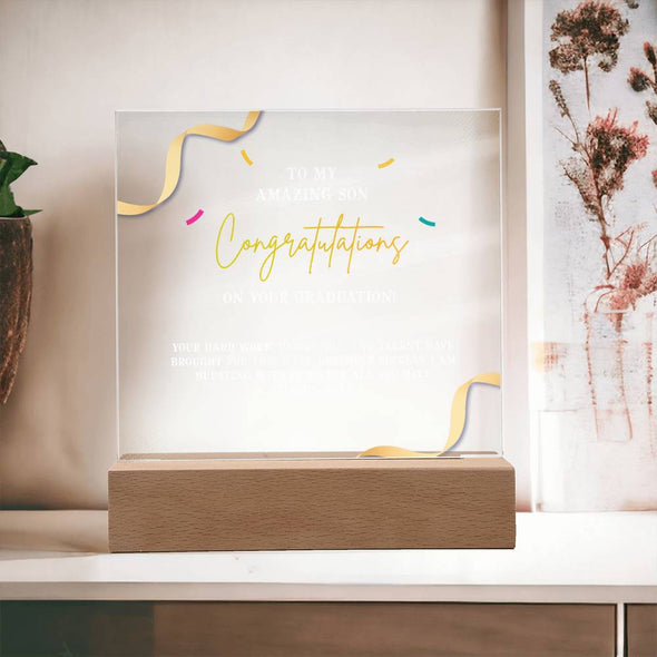 CONGRATULATION ON YOUR GRADUATION, ACRYLIC PLAQUE WITH WOODEN LED BASE, GRADUATION GIFT FOR SON, GRADUATION DESK DECOR, GIFT FOR GRADUATION