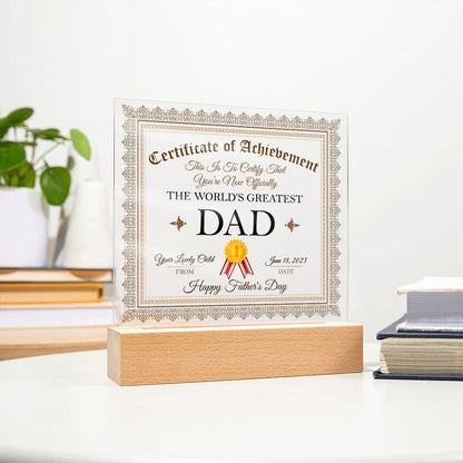 THE WORLD'S GREATEST DAD, ACRYLIC PLAQUE WITH WOODEN LED BASE, FATHERS DAY GIFT, CUSTOM GIFT, PERSONALIZED GIFT FOR DAD