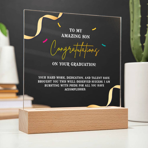 CONGRATULATION ON YOUR GRADUATION, ACRYLIC PLAQUE WITH WOODEN LED BASE, GRADUATION GIFT FOR SON, GRADUATION DESK DECOR, GIFT FOR GRADUATION