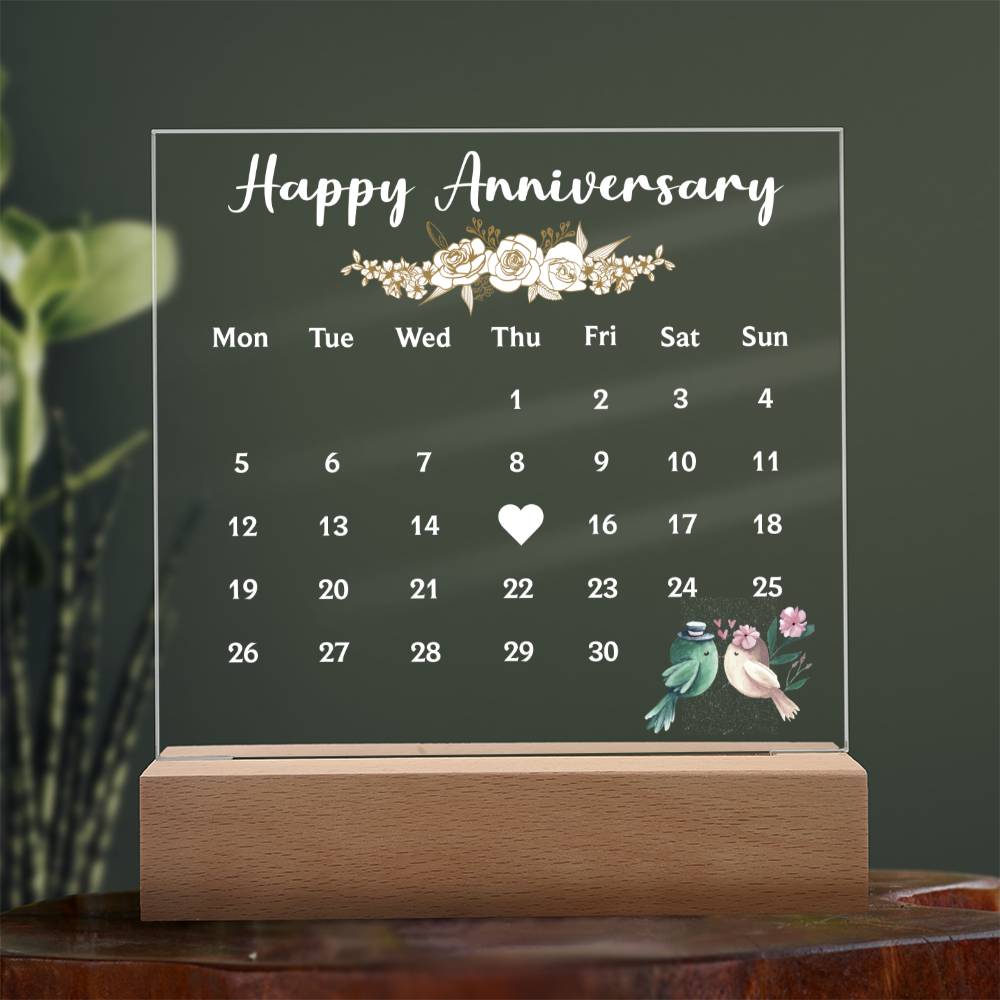 HAPPY ANNIVERSAY, ACRYLIC PLAQUE WITH WOODEN LED BASE, GIFT, UNIQUE GIFT, ANNIVERSARY GIFT, CUSTOM GIFT, GIFT FOR ANNIVERSARY