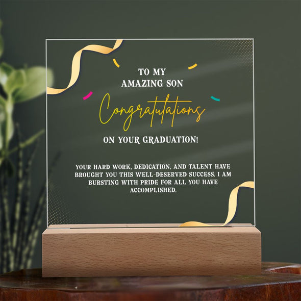 CONGRATULATION ON YOUR GRADUATION, ACRYLIC PLAQUE WITH WOODEN LED BASE, GRADUATION GIFT FOR SON, GRADUATION DESK DECOR, GIFT FOR GRADUATION