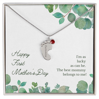 Single Charm, Engraved Baby Feet Charms Necklace, Birthstone Crystals/Diamond, Add Up To 4 Charms With Custom Names, Jewelry For Mom With Message Card, For Mother's Day/Birthday, Sterling Silver & Gold Plating