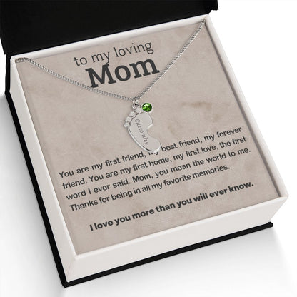 ENGRAVED BABY FEET WITH NAME AND BIRTHSTONE, NECKLACE GIFT FOR MOM WITH KIDS NAME, WITH MESSAGE CARD, BIRTHDAY/MOTHER'S DAY GIFT FOR MOM, FROM SON/DAUGHTER