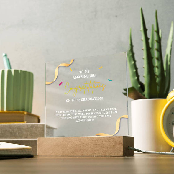 CONGRATULATION ON YOUR GRADUATION, ACRYLIC PLAQUE WITH WOODEN LED BASE, GRADUATION GIFT FOR SON, GRADUATION DESK DECOR, GIFT FOR GRADUATION