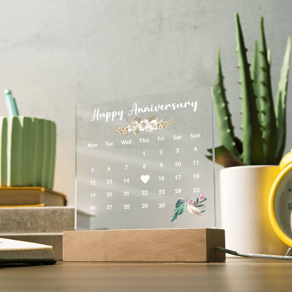 HAPPY ANNIVERSAY, ACRYLIC PLAQUE WITH WOODEN LED BASE, GIFT, UNIQUE GIFT, ANNIVERSARY GIFT, CUSTOM GIFT, GIFT FOR ANNIVERSARY