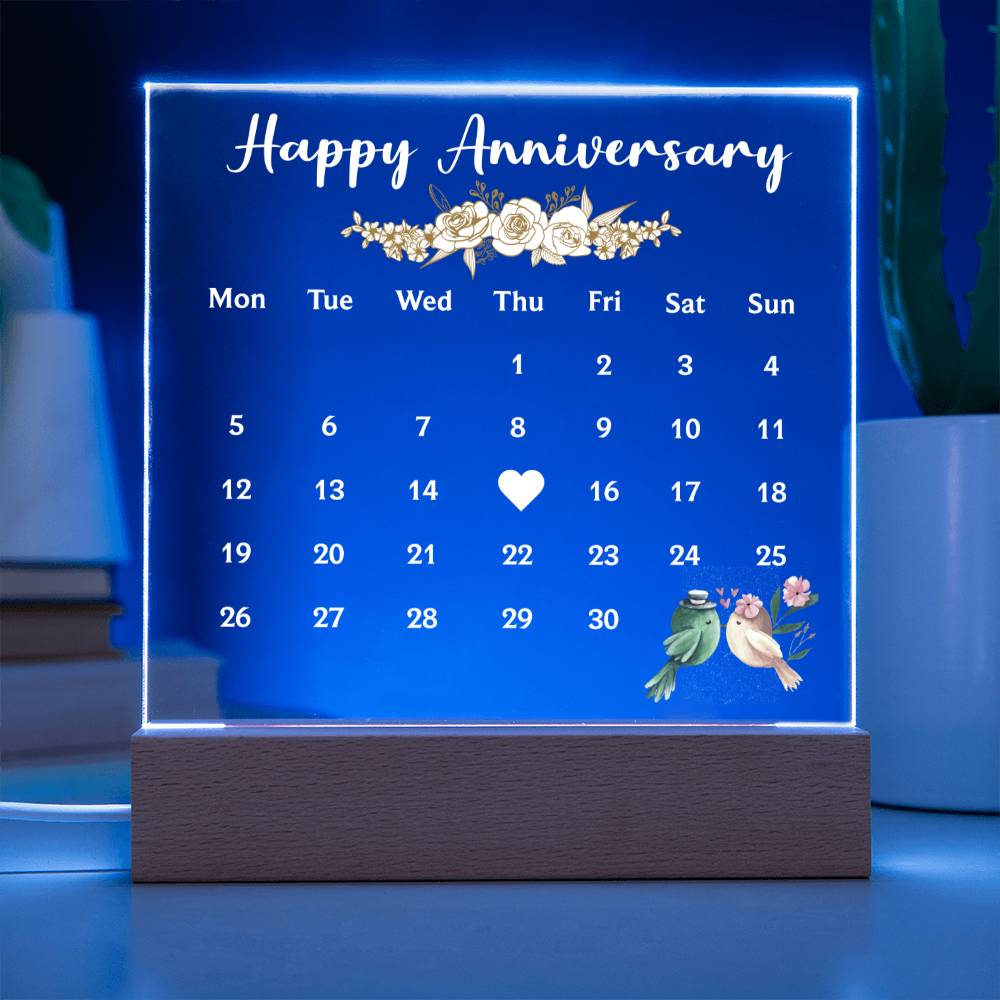 HAPPY ANNIVERSAY, ACRYLIC PLAQUE WITH WOODEN LED BASE, GIFT, UNIQUE GIFT, ANNIVERSARY GIFT, CUSTOM GIFT, GIFT FOR ANNIVERSARY