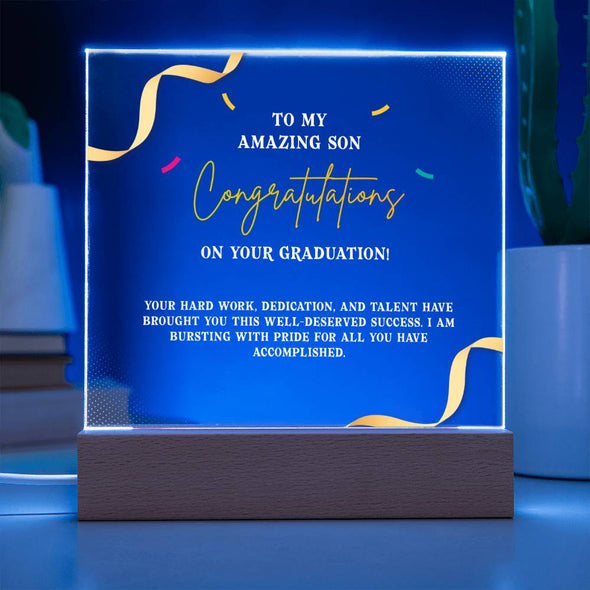 CONGRATULATION ON YOUR GRADUATION, ACRYLIC PLAQUE WITH WOODEN LED BASE, GRADUATION GIFT FOR SON, GRADUATION DESK DECOR, GIFT FOR GRADUATION