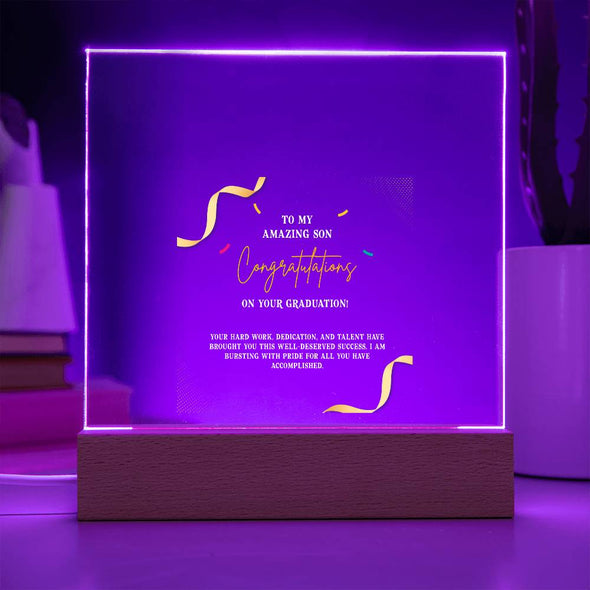 CONGRATULATION ON YOUR GRADUATION, ACRYLIC PLAQUE WITH WOODEN LED BASE, GRADUATION GIFT FOR SON, GRADUATION DESK DECOR, GIFT FOR GRADUATION