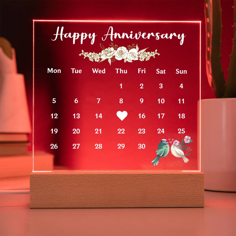 HAPPY ANNIVERSAY, ACRYLIC PLAQUE WITH WOODEN LED BASE, GIFT, UNIQUE GIFT, ANNIVERSARY GIFT, CUSTOM GIFT, GIFT FOR ANNIVERSARY
