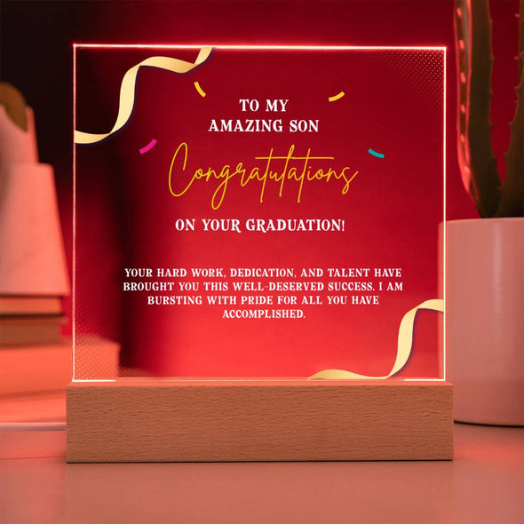 CONGRATULATION ON YOUR GRADUATION, ACRYLIC PLAQUE WITH WOODEN LED BASE, GRADUATION GIFT FOR SON, GRADUATION DESK DECOR, GIFT FOR GRADUATION