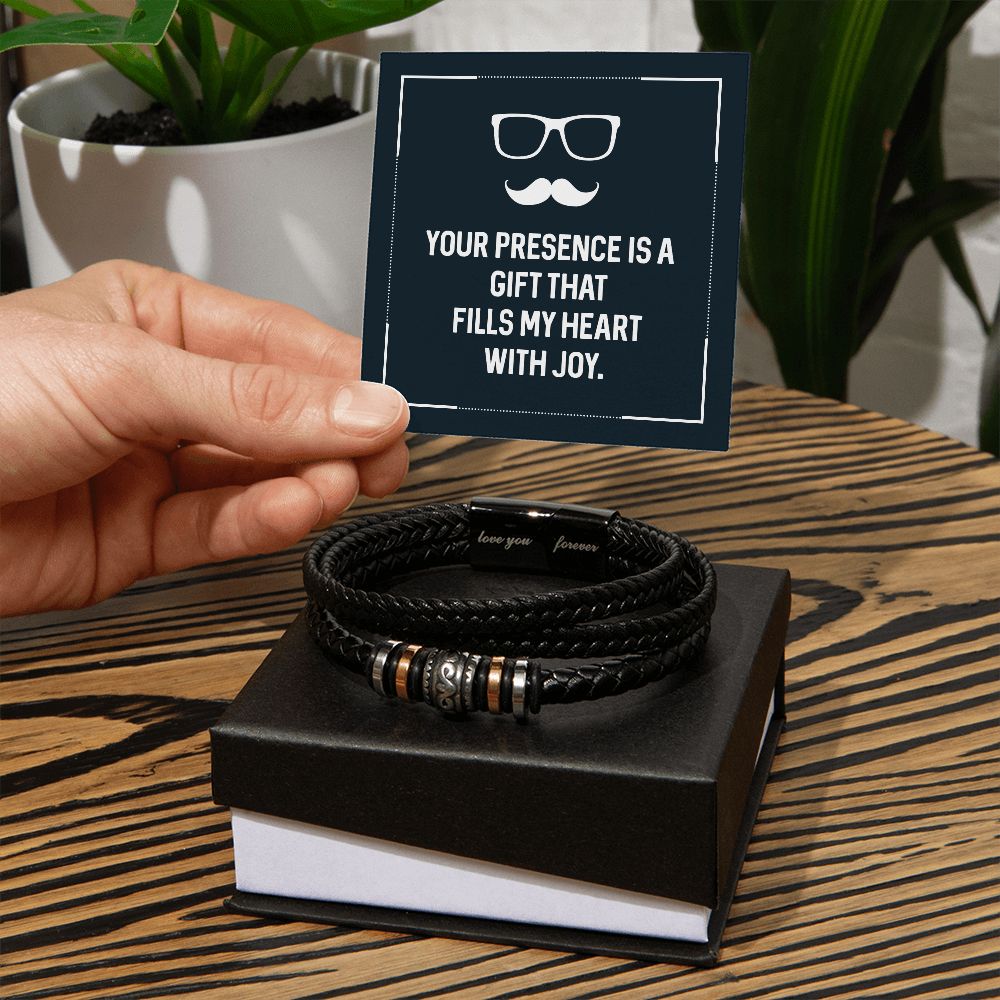 YOUR PRESENCE IS A GIFT THAT FILLS MY HEART WITH JOY, LOVE YOU FOREVER MEN'S BRACELET FOR DAD, FATHER'S DAY/ BIRTHDAY GIFT FOR HIM, BRACELET WITH MESSAGE CARD FOR YOUR FATHER