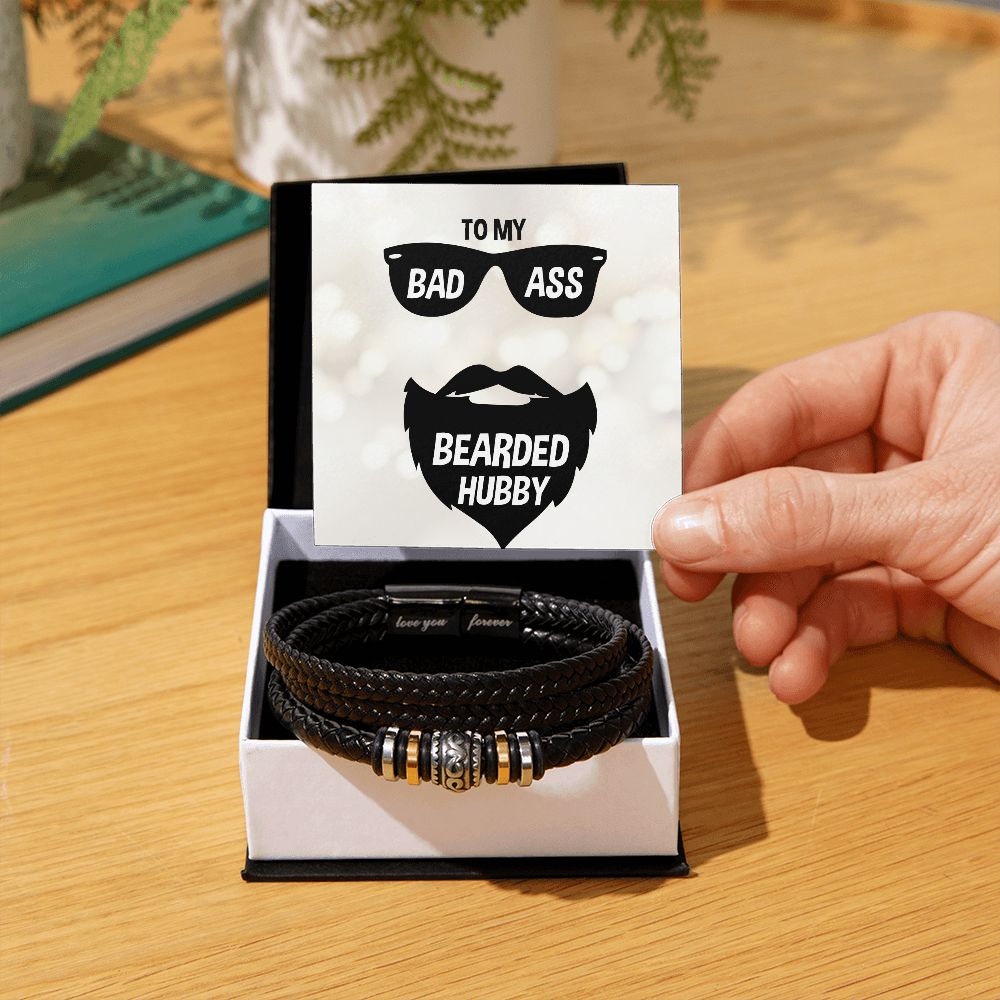 TO MY BADASS BEARDED HUBBY, LOVE YOU FOREVER MEN'S BRACELET FOR HUSBAND, BIRTHDAY/ANNIVERSARY GIFT FOR HIM, BRACELET WITH ENGRAVED MESSAGE AND MESSAGE CARD FOR YOUR HUSBAND
