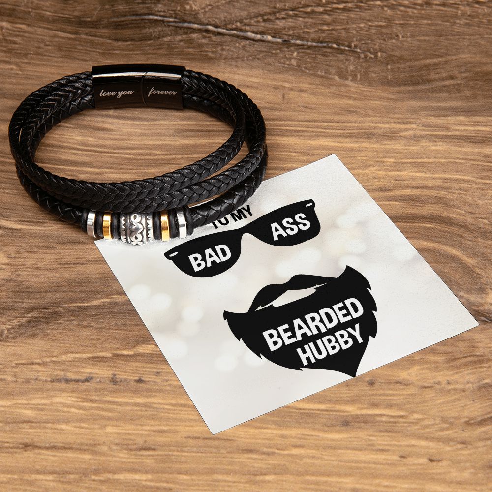 TO MY BADASS BEARDED HUBBY, LOVE YOU FOREVER MEN'S BRACELET FOR HUSBAND, BIRTHDAY/ANNIVERSARY GIFT FOR HIM, BRACELET WITH ENGRAVED MESSAGE AND MESSAGE CARD FOR YOUR HUSBAND