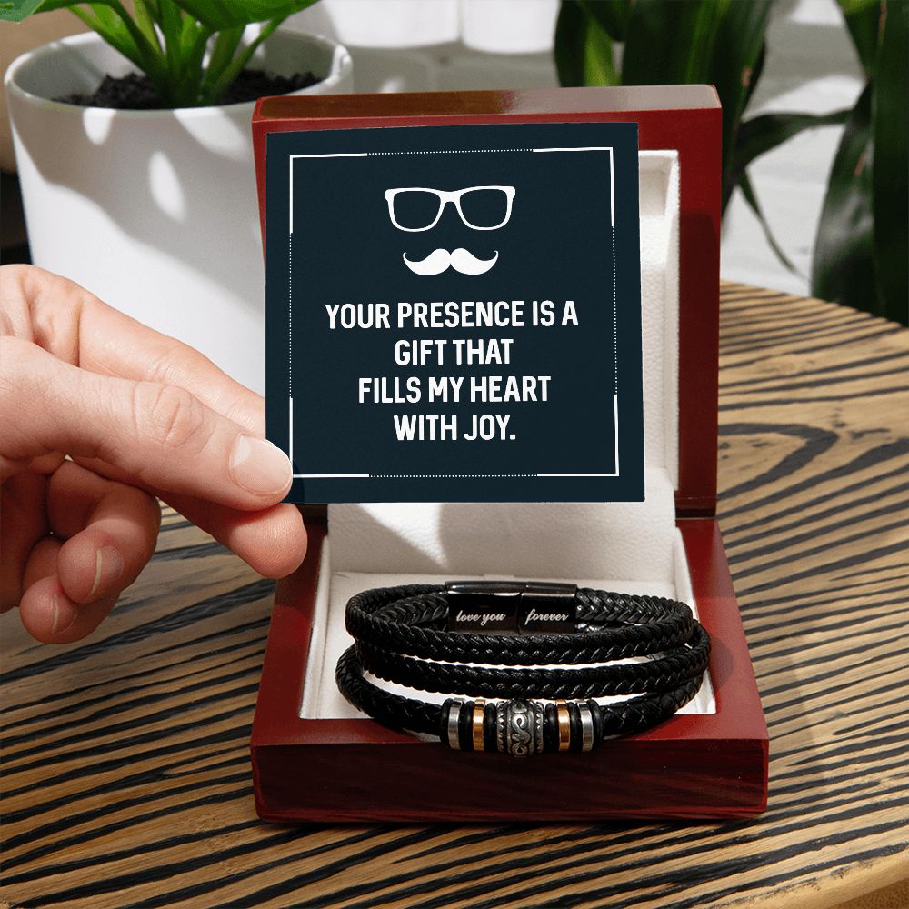 YOUR PRESENCE IS A GIFT THAT FILLS MY HEART WITH JOY, LOVE YOU FOREVER MEN'S BRACELET FOR DAD, FATHER'S DAY/ BIRTHDAY GIFT FOR HIM, BRACELET WITH MESSAGE CARD FOR YOUR FATHER