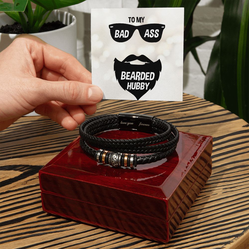 TO MY BADASS BEARDED HUBBY, LOVE YOU FOREVER MEN'S BRACELET FOR HUSBAND, BIRTHDAY/ANNIVERSARY GIFT FOR HIM, BRACELET WITH ENGRAVED MESSAGE AND MESSAGE CARD FOR YOUR HUSBAND