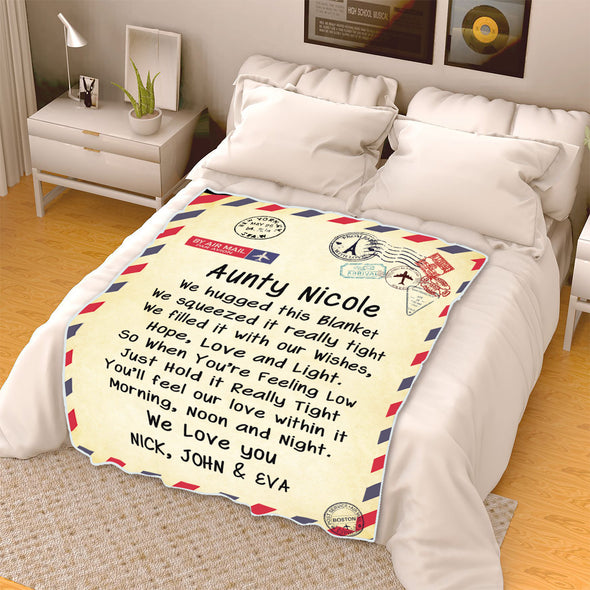 Personalized Postcard Message Blanket For Grandma/Mom/Grandpa/Papa - Customized With Your Nick (Mom, Mimi, Gigi etc.) & Grand Kids/Kids Names