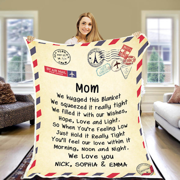 Personalized Postcard Message Blanket For Grandma/Mom/Grandpa/Papa - Customized With Your Nick (Mom, Mimi, Gigi etc.) & Grand Kids/Kids Names