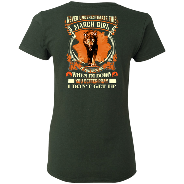 **Never Underestimate March Born Girl** Back Print Shirt & Hoodies