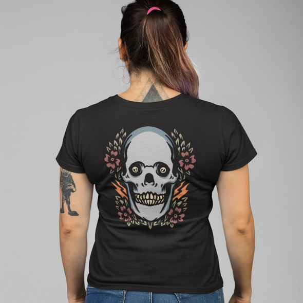 Black & White T-Shirt With Skull And Flower Print