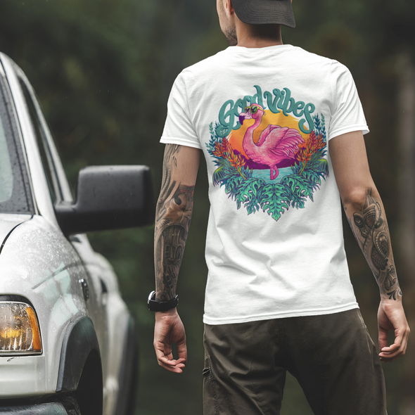 Tropical Pink Flamingo With Flowers Summer Unisex T-Shirt