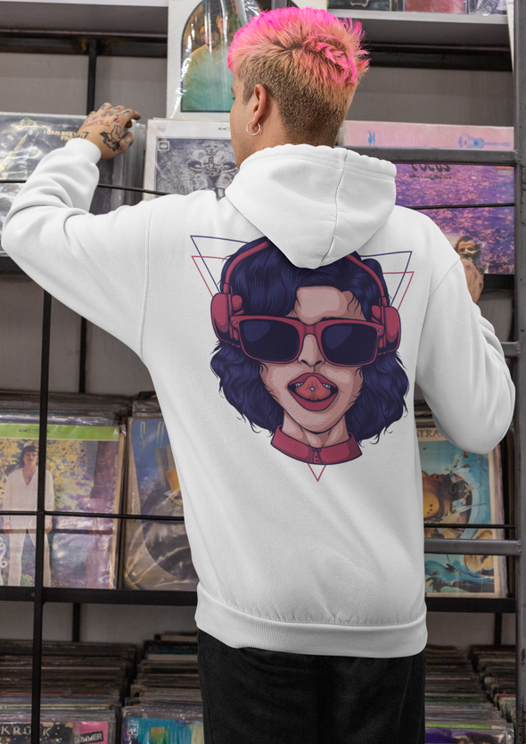 Girl Wearing Headphone Vector Illustration Printed Hoodie