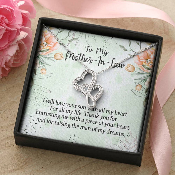 Mother In Law Necklace With Message Card, I Will Love Your Son With All My Heart, Mother in Law Jewelry, Mother Day Necklace, Double Heart Necklace