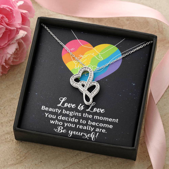 Dear Wife, Beauty Begins The Moment, Double Heart Necklace, Congratulations Gift, Silver And Gold Jewelry For Wife, Wedding Necklace, Necklace For LGBT Couples