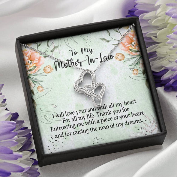 Mother In Law Necklace With Message Card, I Will Love Your Son With All My Heart, Mother in Law Jewelry, Mother Day Necklace, Double Heart Necklace