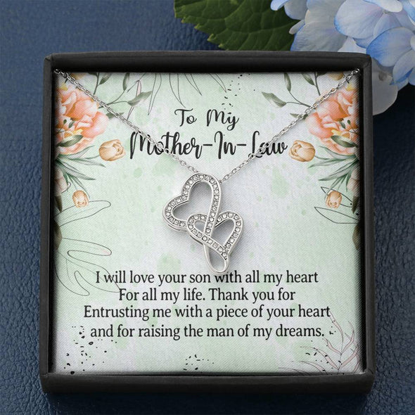 Mother In Law Necklace With Message Card, I Will Love Your Son With All My Heart, Mother in Law Jewelry, Mother Day Necklace, Double Heart Necklace