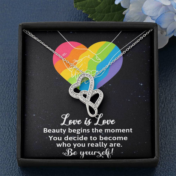 Dear Wife, Beauty Begins The Moment, Double Heart Necklace, Congratulations Gift, Silver And Gold Jewelry For Wife, Wedding Necklace, Necklace For LGBT Couples