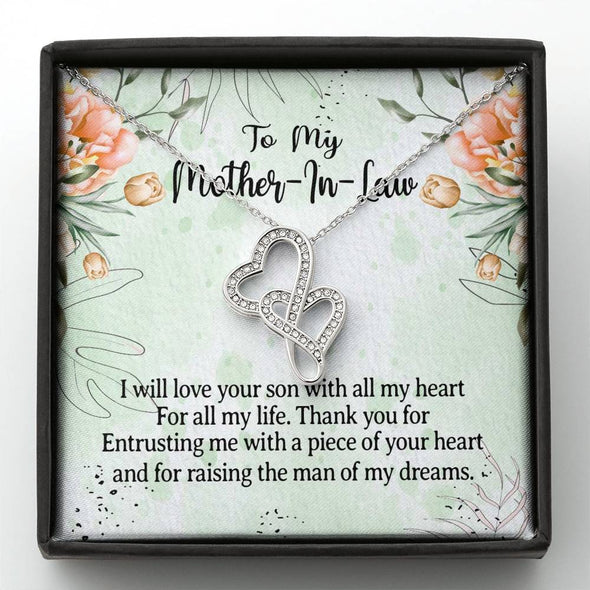Mother In Law Necklace With Message Card, I Will Love Your Son With All My Heart, Mother in Law Jewelry, Mother Day Necklace, Double Heart Necklace