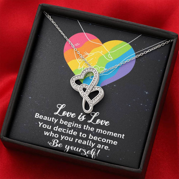 Dear Wife, Beauty Begins The Moment, Double Heart Necklace, Congratulations Gift, Silver And Gold Jewelry For Wife, Wedding Necklace, Necklace For LGBT Couples
