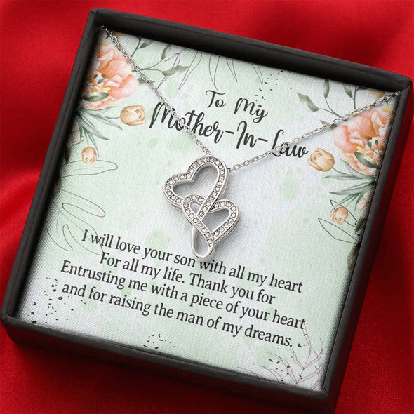 Mother In Law Necklace With Message Card, I Will Love Your Son With All My Heart, Mother in Law Jewelry, Mother Day Necklace, Double Heart Necklace
