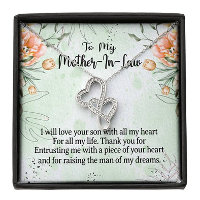 Mother In Law Necklace With Message Card, I Will Love Your Son With All My Heart, Mother in Law Jewelry, Mother Day Necklace, Double Heart Necklace