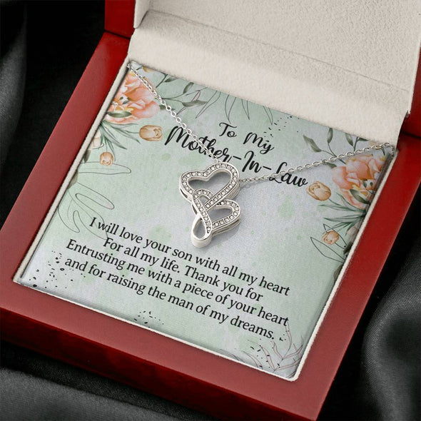 Mother In Law Necklace With Message Card, I Will Love Your Son With All My Heart, Mother in Law Jewelry, Mother Day Necklace, Double Heart Necklace