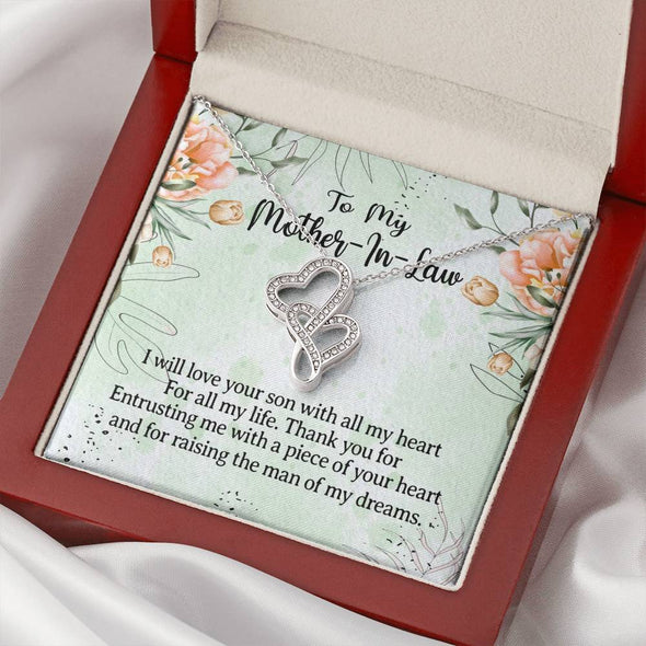 Mother In Law Necklace With Message Card, I Will Love Your Son With All My Heart, Mother in Law Jewelry, Mother Day Necklace, Double Heart Necklace