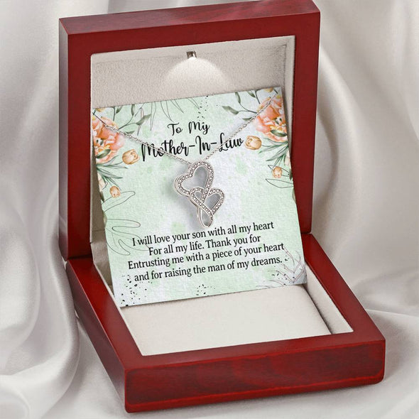 Mother In Law Necklace With Message Card, I Will Love Your Son With All My Heart, Mother in Law Jewelry, Mother Day Necklace, Double Heart Necklace