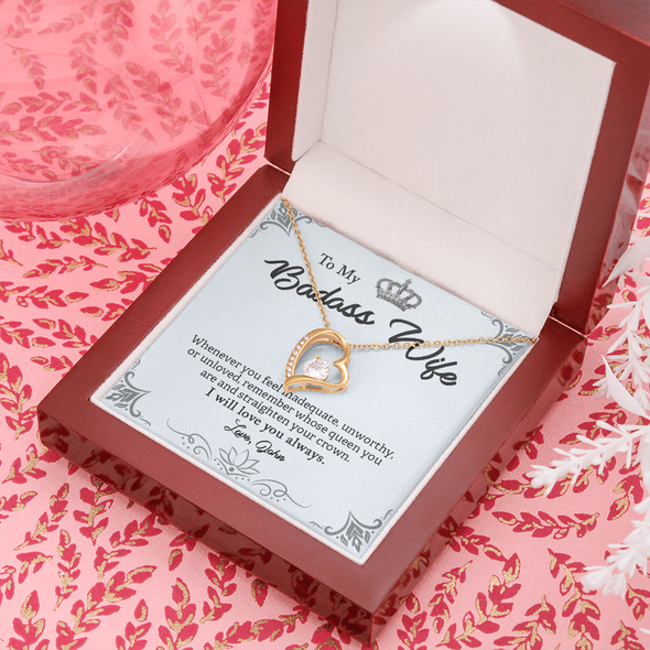 My Badass Wife, Forever Love Necklace With Straighten Your Crown And Remember I Will Love You Always Message Card, Jewelry For Her, Birthday, Gift For Her, Pendant For Her, Customized Message Card