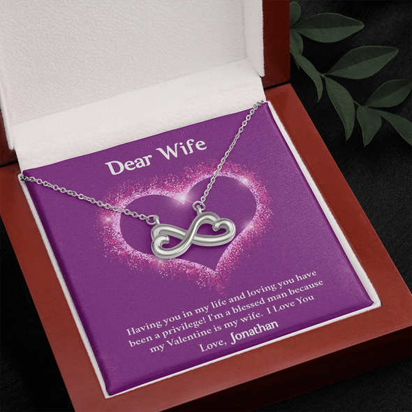 Dear Wife, Infinity Hearts Necklace With I'm A Blessed Man Because My Valentine's Is My Wife Custom Message Card, Pendant For Her, Birthday, Anniversary, Jewelry For Her, Valentine's Day Gift