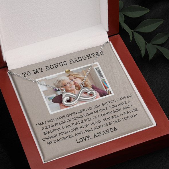 To My Bonus Daughter, Infinity Hearts Necklace, Customized Picture And Name Necklace With Message Card, Gift Pendant For Her, Christmas, Birthday, Anniversary, Gift For Her, Jewelry For Her