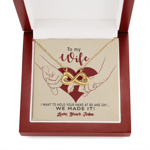 To My Wife, Infinity Hearts Necklace With I Want To Hold Your Hand And Message Card, Anniversary, Birthday, Gift For Her, Jewelry For Her, Pendant For Her, Customized Message Card With Loved One Name
