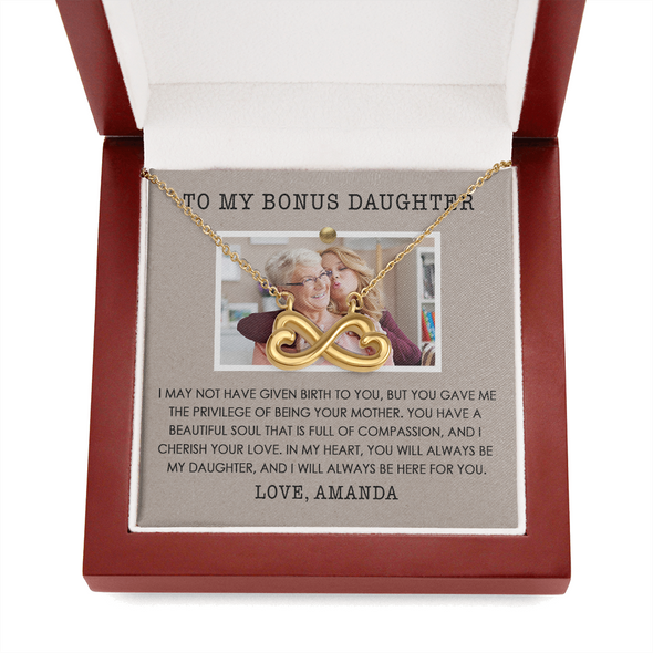 To My Bonus Daughter, Infinity Hearts Necklace, Customized Picture And Name Necklace With Message Card, Gift Pendant For Her, Christmas, Birthday, Anniversary, Gift For Her, Jewelry For Her