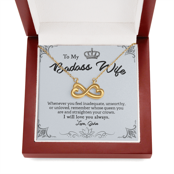 My Badass Wife, Infinity Hearts Necklace With Straighten Your Crown And Remember I Will Love You Always Message Card, Jewelry For Her, Birthday, Gift For Her, Pendant For Her, Customized Message Card