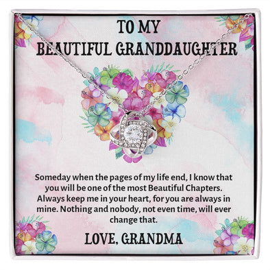 TO MY BEAUTIFUL GRANDDAUGHTER, LOVE KNOT NECKLACE WITH MESSAGE CARD FOR GRANDDAUGHTER, BIRTHDAY GIFT FOR HER, FROM GRANDMA