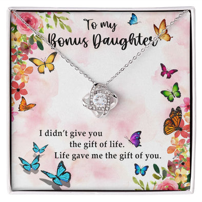 TO MY BONUS DAUGHTER, LOVE KNOT NECKLACE WITH MESSAGE CARD, BIRTHDAY AND DAUGHTERS DAY GIFT FOR HER