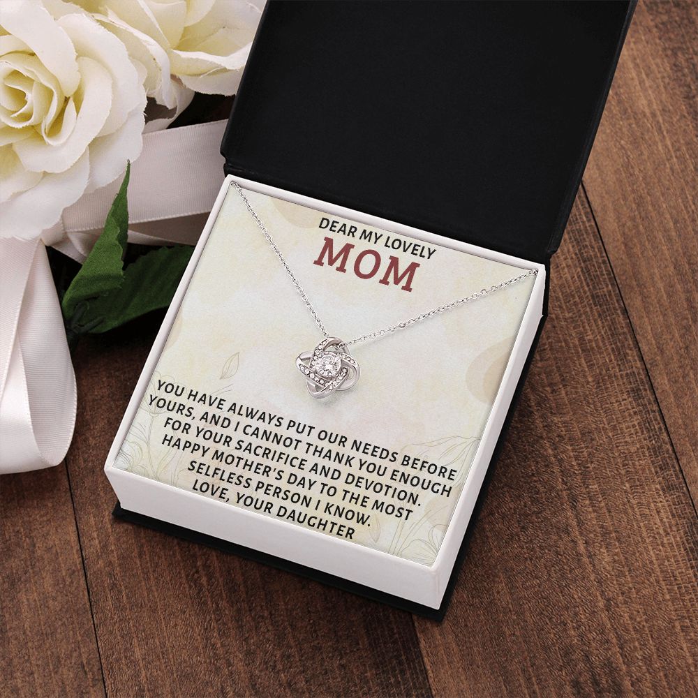 DEAR MY LOVELY MOM, LOVE KNOT NECKLACE FOR MOM, NECKLACE WITH MESSAGE CARD, MOTHER'S DAY GIFT FOR HER, FROM DAUGHTER
