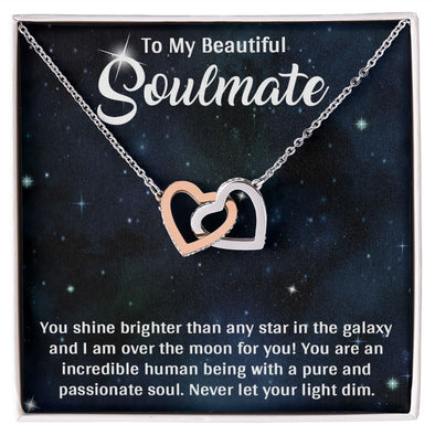 TO MY BEAUTIFUL SOULMATE, INTERLOCKING HEART NECKLACE, FOR COUPLES, BIRTHDAY GIFT FOR HER, NECKLACE WITH MESSAGE CARD